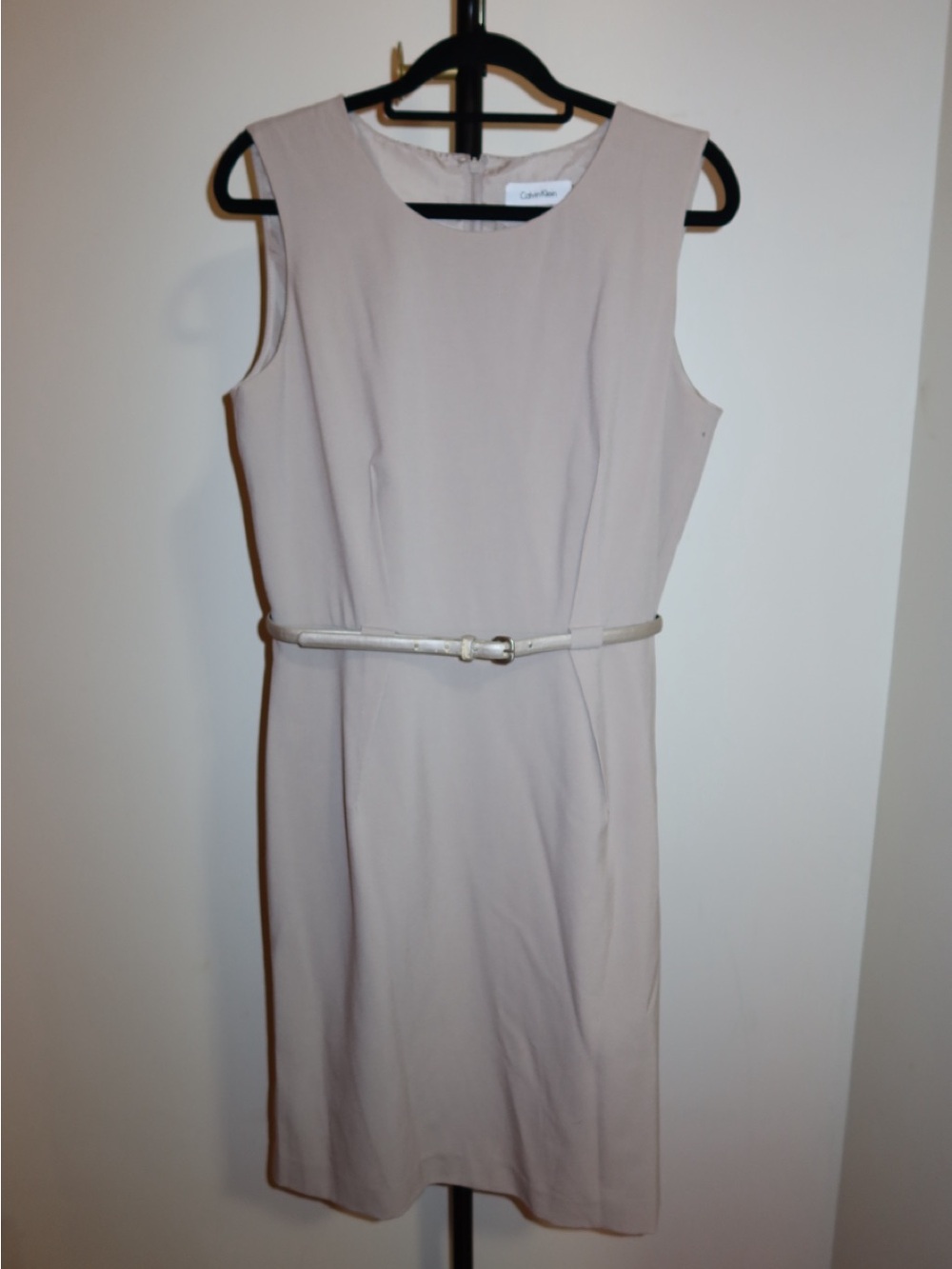Classic Sleeveless Sheath Dress with Belt - Beige